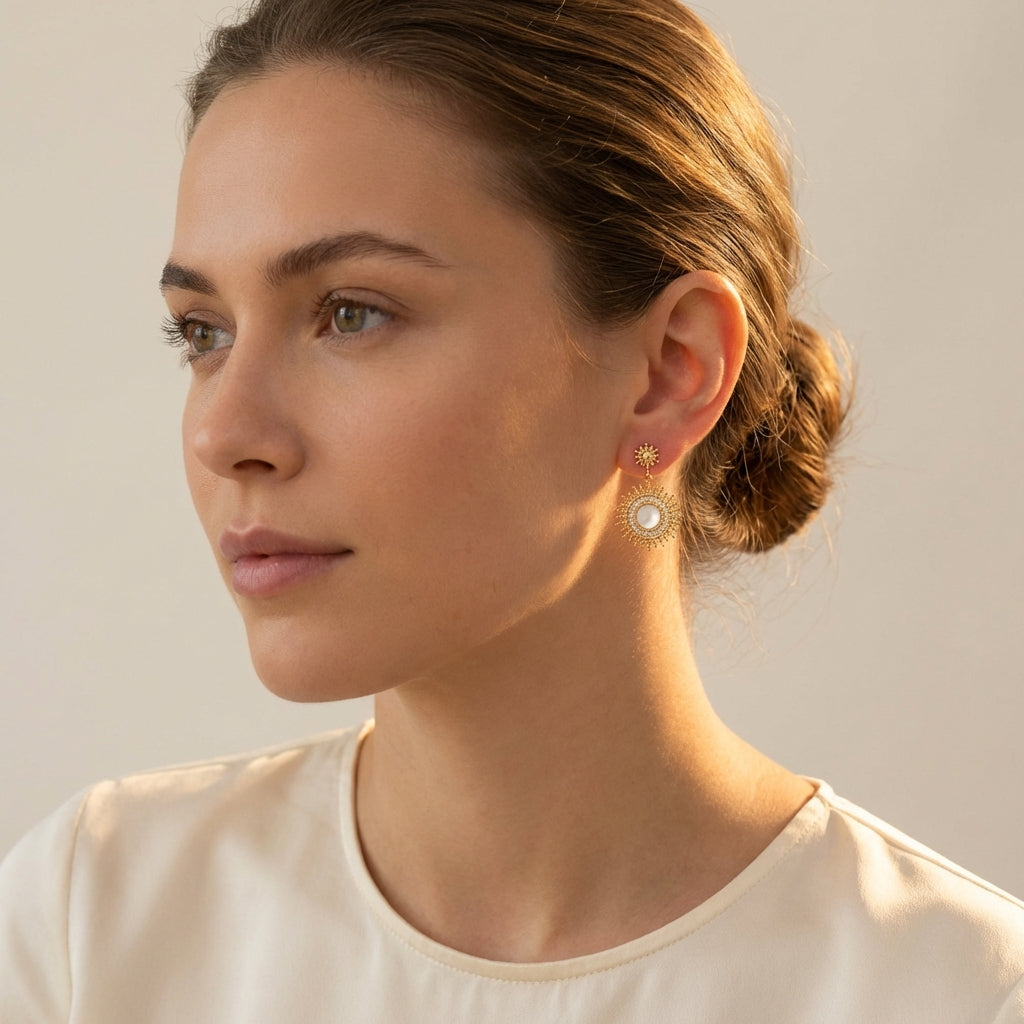 Purity Lyra Earrings Halo - Lifestyle worn image