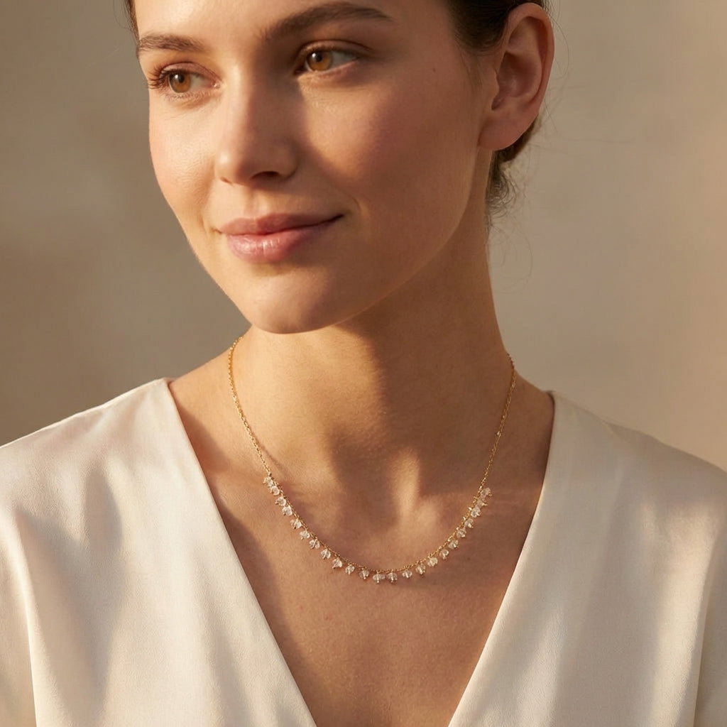Clarity Luna Necklace Clear Quartz - Lifestyle worn image